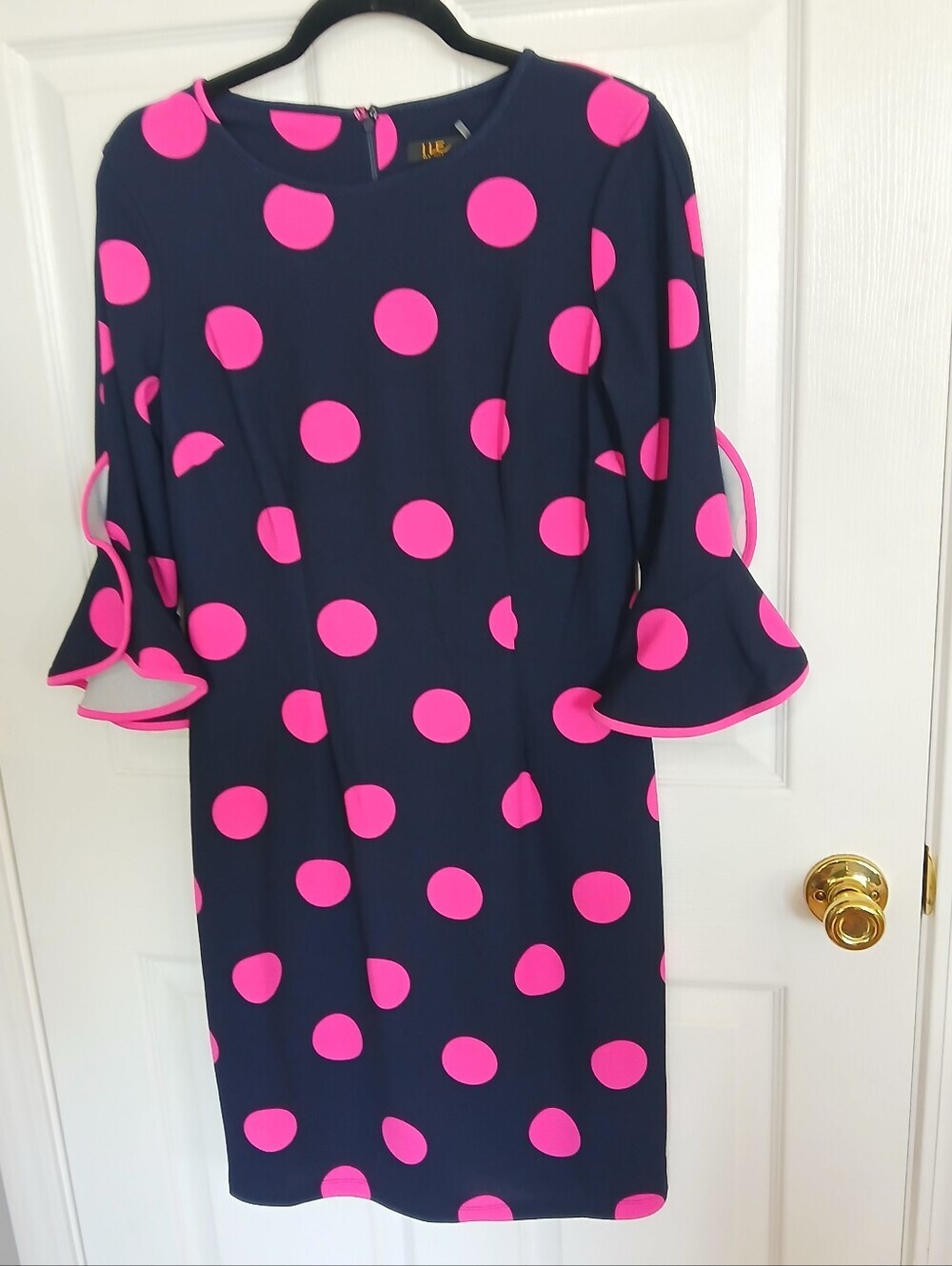 I Le New York Navy Dress with Bright Pink Polka Dots Bell Sleeves Wedding Guest - Picture 2 of 6